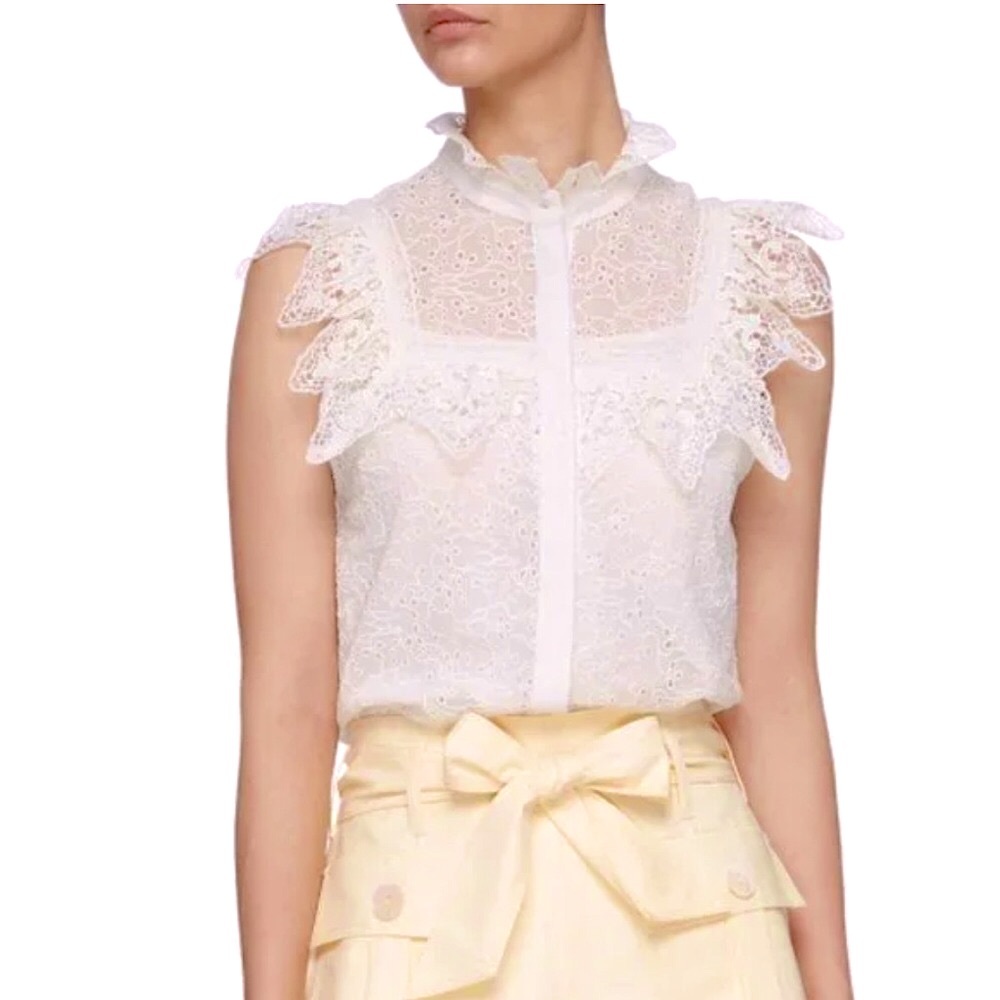 Last 1 left!🖤Alice & Olivia🤍ruffle mock collar lace eyelet sleeveless top $330